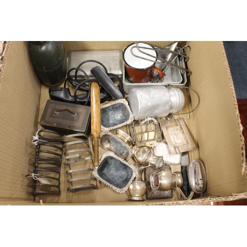 217 - Box containing military mess tins, a water carrier, a cash tin, silver-plated toastracks, table salt... 