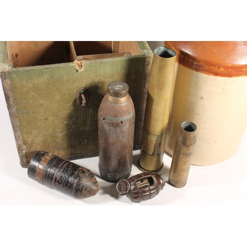 221 - British War Department cider flagon, artillery shells, decommissioned grenade shell, etc.