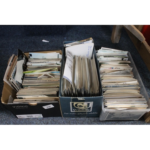 238 - Three boxes containing vintage postcards and photographs of buses and trains.