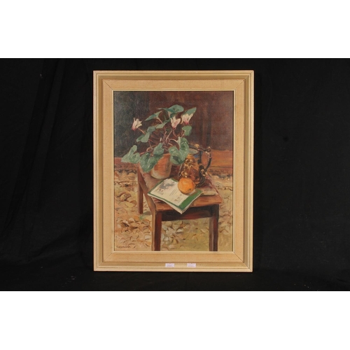 501 - GAVIN HUNTER, still life table top with orange, oil painting on board, signed lower left, 39cm x 29c... 