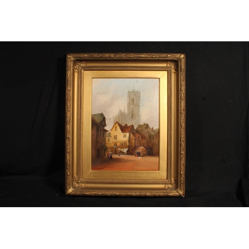 530 - W RICHARDS, untitled town scene with cathedral, oil painting on canvas, signed lower left, 39cm x 28... 