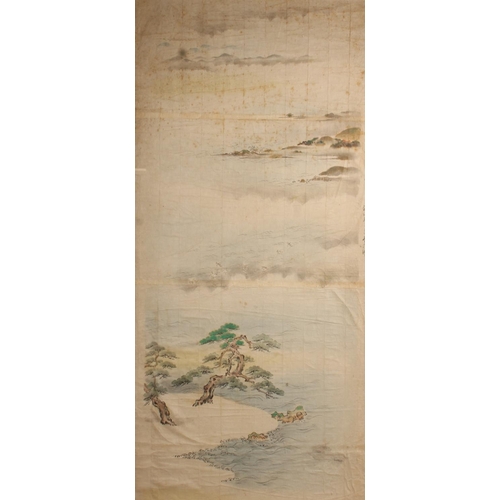 533 - Large framed scroll painting of a landscape, depicting two ancient pine trees growing beside water w... 