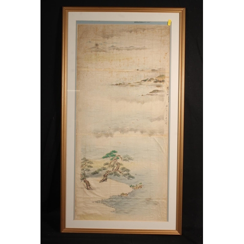 533 - Large framed scroll painting of a landscape, depicting two ancient pine trees growing beside water w... 