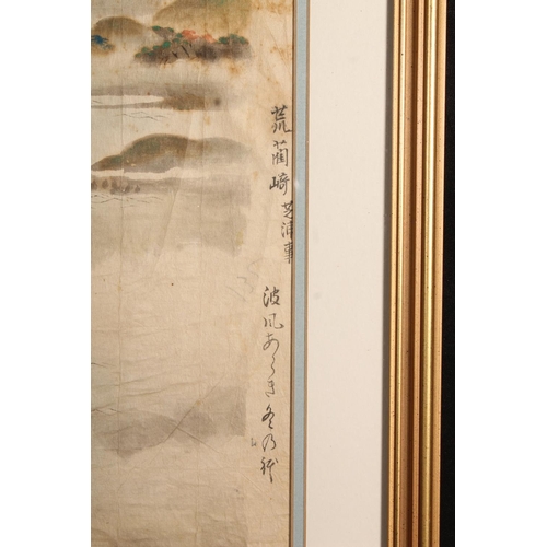 533 - Large framed scroll painting of a landscape, depicting two ancient pine trees growing beside water w... 