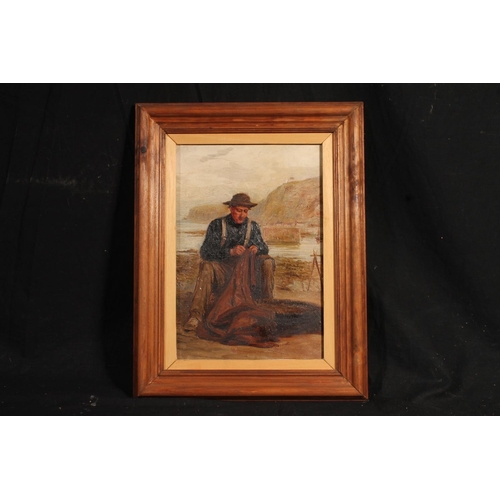 543 - 19TH CENTURY SCHOOL, fisherman mending net, oil painting on canvas, unsigned, 32cm x 21cm, frame 44c... 