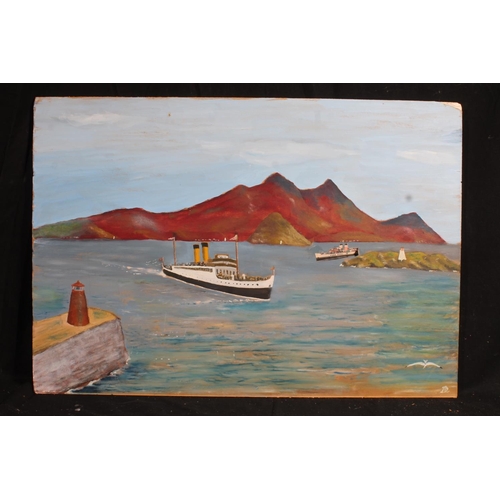 561 - CONTEMPORARY, boat on a loch, oil painting on plywood panel, unsigned, 30cm x 82cm, unframed and ano... 