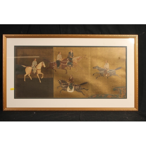 590 - Japanese ukiyo-e style woodblock type print of figures on horseback, 30cm x 66cm, frame 46cm x 82cm.