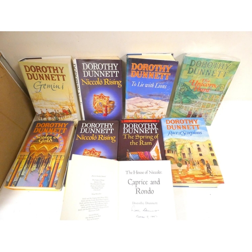 212 - DUNNETT DOROTHY.  The House of Niccolo. The 8 vols., 1st eds. in d.w's, one signed; also a proof cop... 