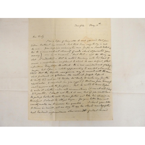 218 - Detailed manuscript letter, 1818 from W. Herbert, Temple, May 12th, to W. H. Darby, Addiscombe.  Com... 