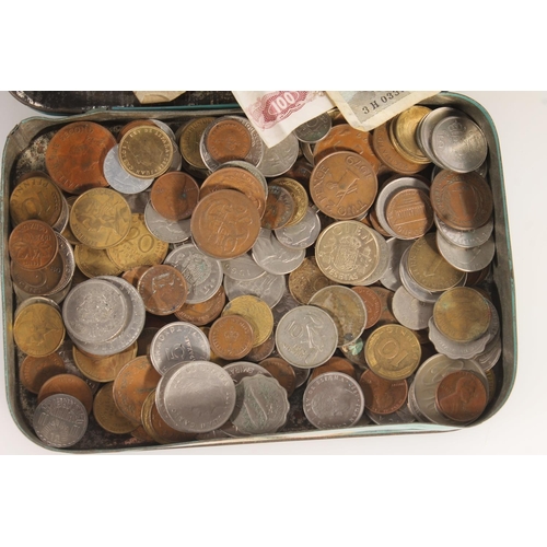 359 - All world coinage and banknotes in a vintage John Derbyshire tin.