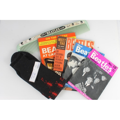 361 - 1960s large Beatles comb with facsimile signatures, a pair of 1960s Beatles socks and Beatles magazi... 