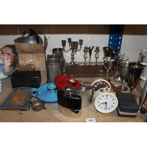 442 - Shelf containing hip flasks, vintage clocks, pewter steins, etc.