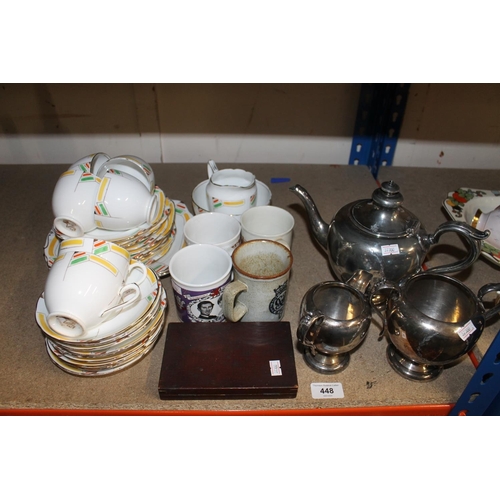 448 - China teaset, plated teapot, milk and sugar, etc.