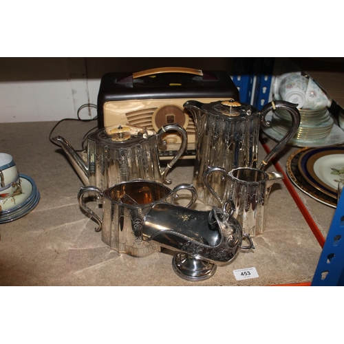 453 - Silver plated tea coffee set, vintage radio,etc.