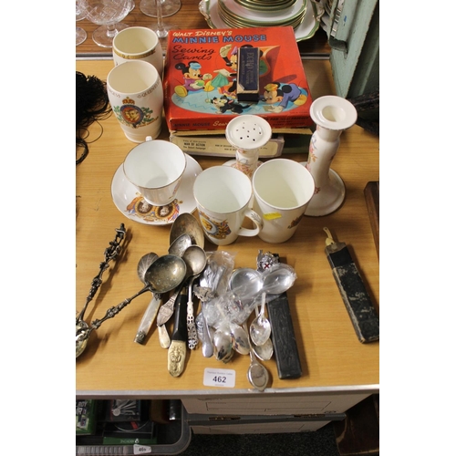 462 - Commemorative ware mugs, cup and saucer, Walt Disney Minnie Mouse Sewing Cards, etc.