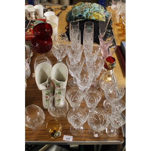 474 - Glassware to include cut glass wine glasses, Edinburgh Crystal champagne flutes, etc.