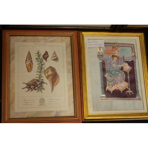 578 - Framed clock display, a boxed china service and various prints.