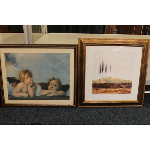 578 - Framed clock display, a boxed china service and various prints.