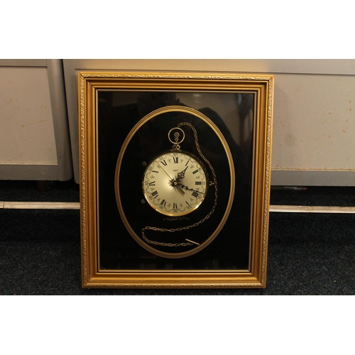 578 - Framed clock display, a boxed china service and various prints.