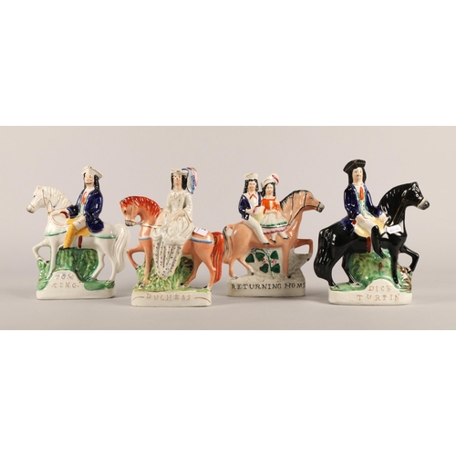 23 - Four Staffordshire flat back figures, Duchess, Dick Turpin, Returning Home and Tom King.