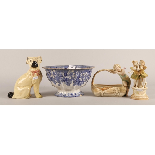 24 - 19th c. ceramic Pug dog, a Bosporus pattern blue and white comport and two Royal Vienna Wahliss bisq... 