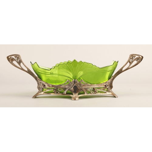 44 - Art Nouveau WMF style flower dish, white base metal with green glass insert, 43cm wide(glass insert ... 