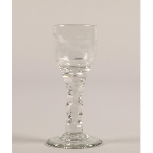 7 - Antique faceted stem wine glass with etched bird design, pontil mark to base, 14.5cm h