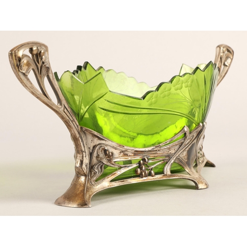 44 - Art Nouveau WMF style flower dish, white base metal with green glass insert, 43cm wide(glass insert ... 