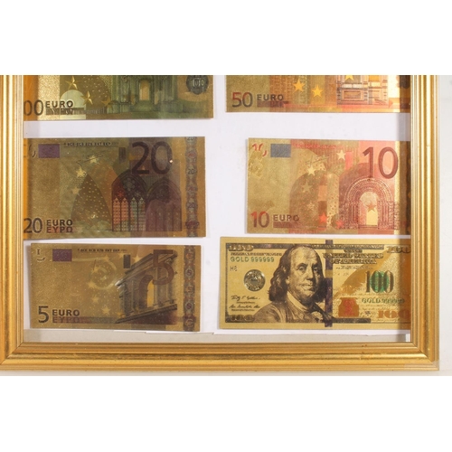 673N - Framed display of European Euro banknotes and an American $100 one hundred dollar bill in gold tone.