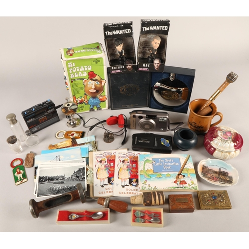 299 - Miscellaneous items to include vintage Mr. Potato head in box, cassette walkman, boxed hipflask, cam... 