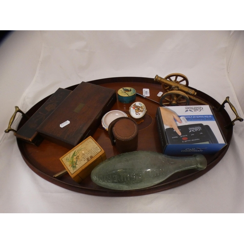 119 - Edwardian inlaid mahogany tray, four hunting shots cups in leather case, Poole Pottery small dish, m... 