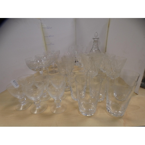 123 - Collection of glassware to include ER 1953 twin-handled goblet, decanter, drinking glasses etc.