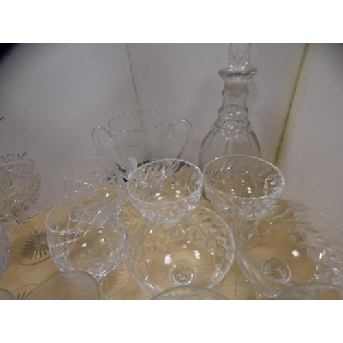 123 - Collection of glassware to include ER 1953 twin-handled goblet, decanter, drinking glasses etc.