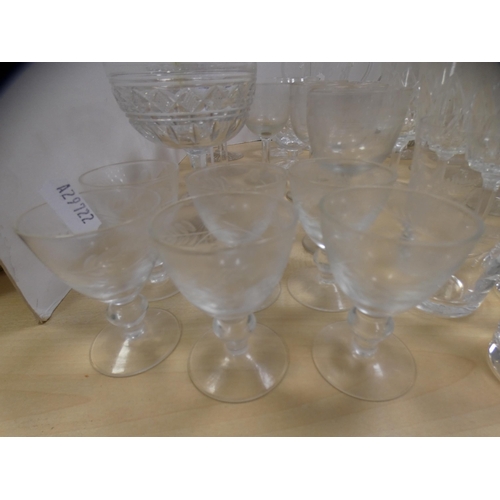 123 - Collection of glassware to include ER 1953 twin-handled goblet, decanter, drinking glasses etc.