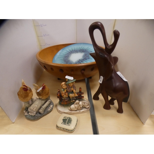 124 - Large wooden bowl, Hummel figure, another figure and a model of an elephant etc.