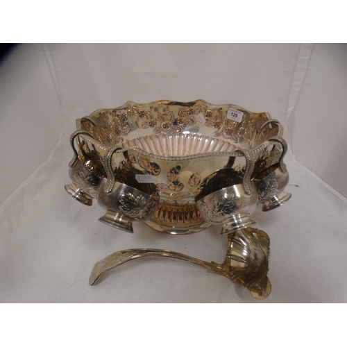 129 - Large EP on copper punch bowl with ladle and six cups.