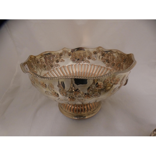 129 - Large EP on copper punch bowl with ladle and six cups.