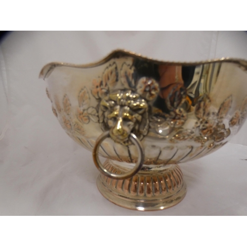 129 - Large EP on copper punch bowl with ladle and six cups.