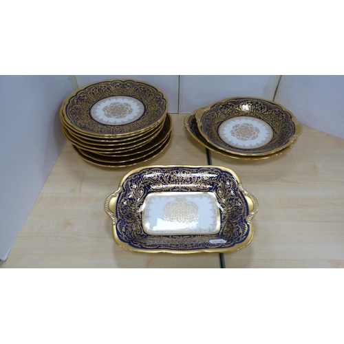 13 - Cauldon England blue and gilt ornate dessert service comprising plates, dishes etc., also four T Goo... 