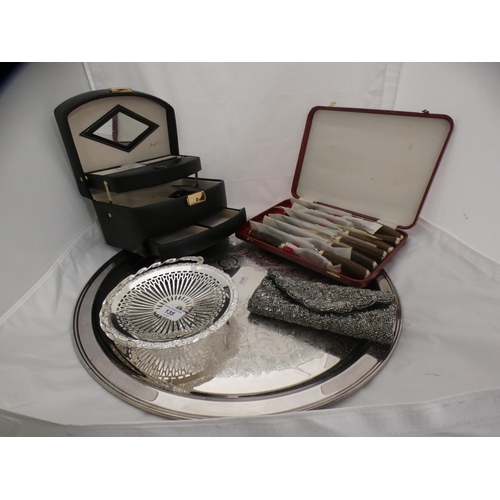 135 - Large circular EP tray, cake dish, leather jewellery box and a cased set of steak knives and forks e... 