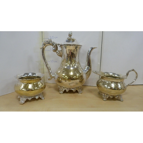 14 - EPNS tea kettle on stand and other EPNS to include three-piece tea set, tankards, prize cups etc.