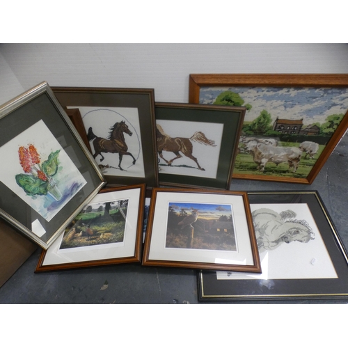 143 - Collection of various prints and pictures to include needleworks, prints etc.