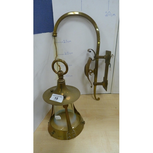 15 - Pair of Arts & Crafts style brass hanging wall lights with vaseline-type shades.