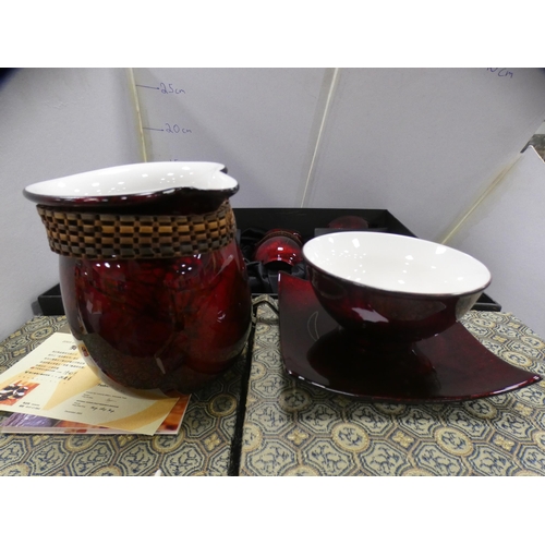 170 - Taiwan lacquered tea bowl set and two reproduction Chinese teapots.