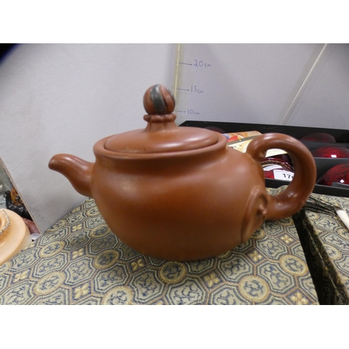 170 - Taiwan lacquered tea bowl set and two reproduction Chinese teapots.