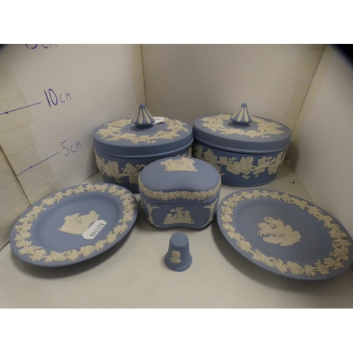 172 - Pair of Wedgwood Jasper ware boxes and covers, another Wedgwood box and cover, ashtrays, thimble and... 