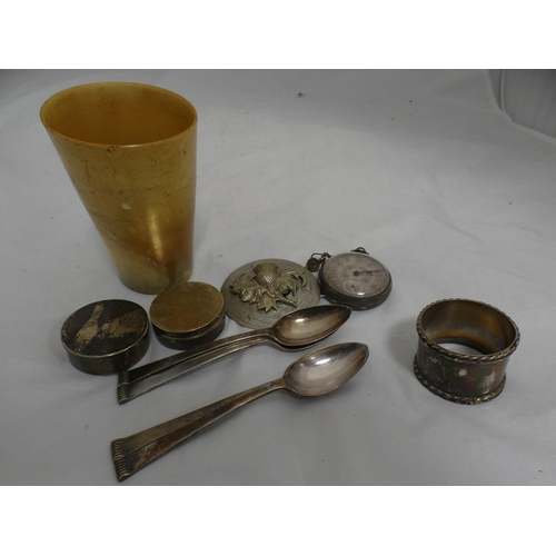 194A - Pocket watch, napkin ring, two boxes, four grapefruit spoons, thistle brooch, and a horn beaker.