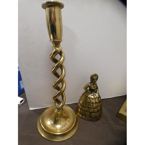 200 - Brass tray, carriage clock, candlestick, column table lamp and a bell.  (5)