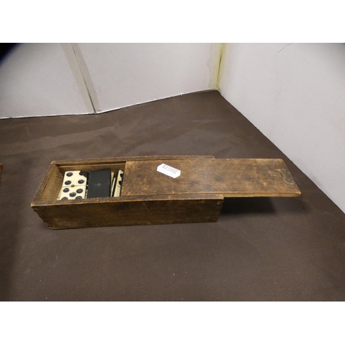 203 - Victorian writing slope, stationery box and a set of dominoes.