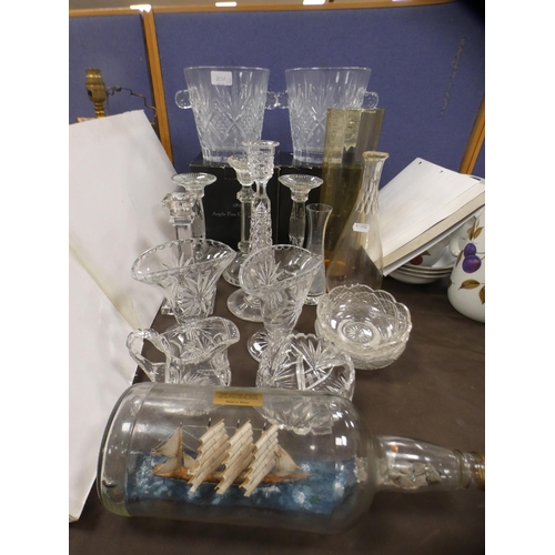 203A - Quantity of glassware to include two ice buckets, sugar and cream, vases, candlesticks, ship in a bo... 